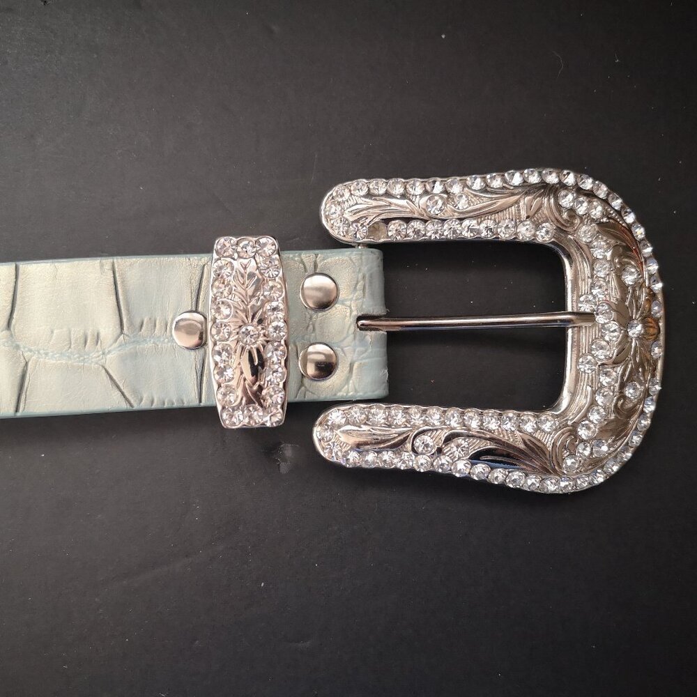 Leather Blue Crocodile Print Rhinestone Studded Silver Tone Metal Buckle Belt